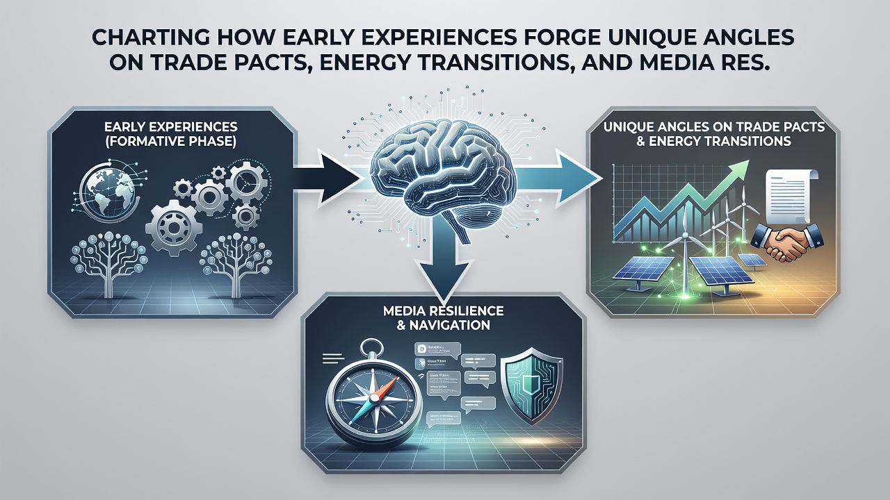 Illustration depicting diverse individuals analyzing energy transition models alongside media ethics frameworks